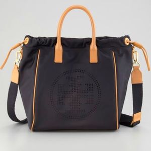 Tory Burch Perforated Logo Black Nylon Drawstring Top handle Large Crossbody